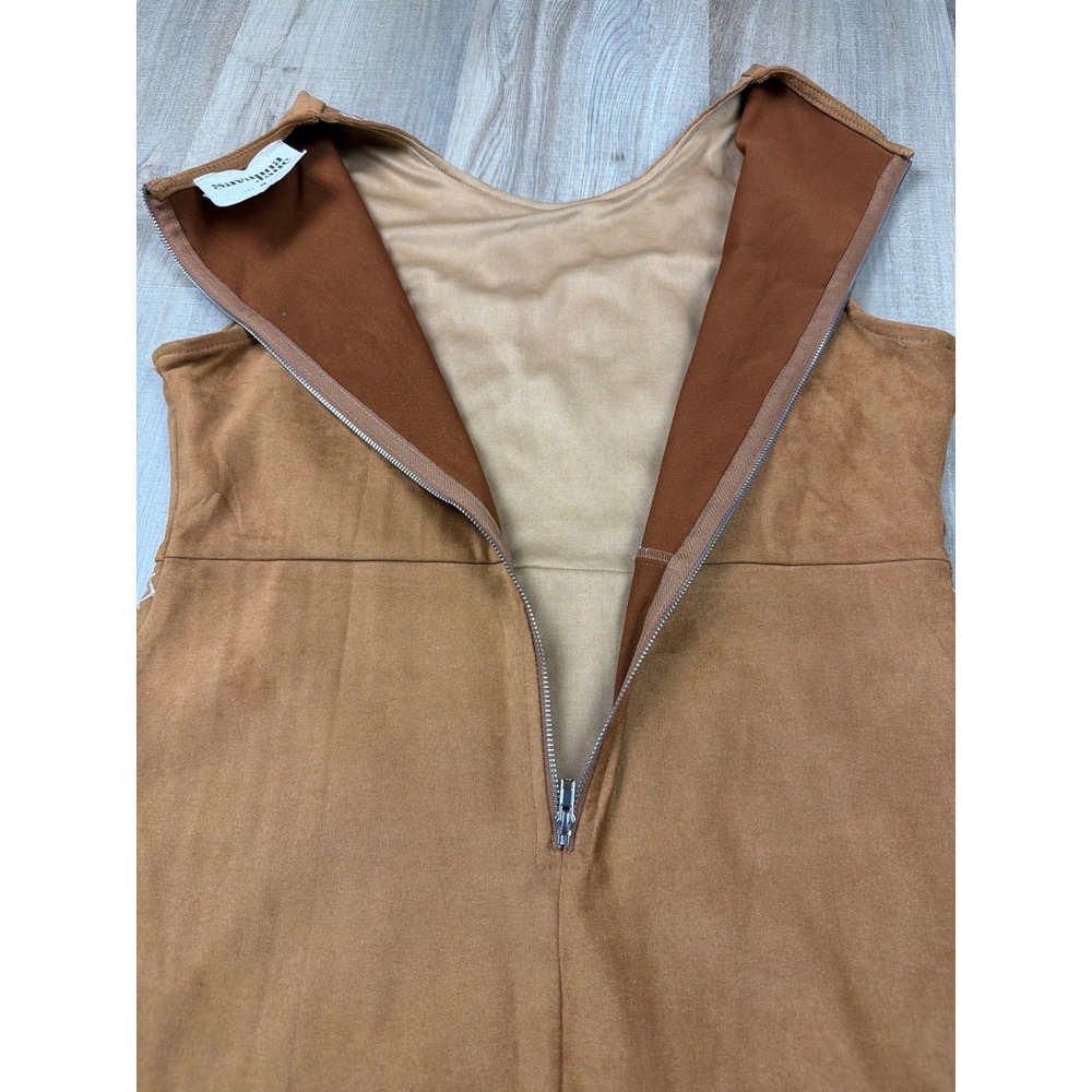 Savanna Jane Brown Faux Suede Embroidered Floral Mini Dress Sleeveless Medium - Picture 7 of 7